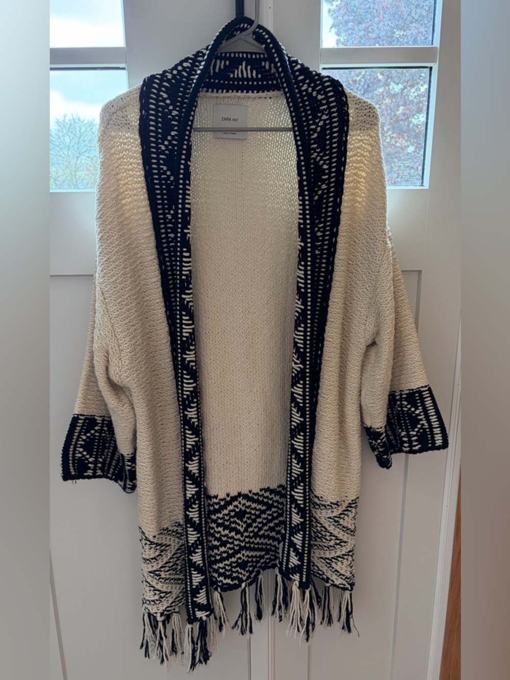 Zara Cream Black Fringe Open-Front Knit Cardigan Boho Medium